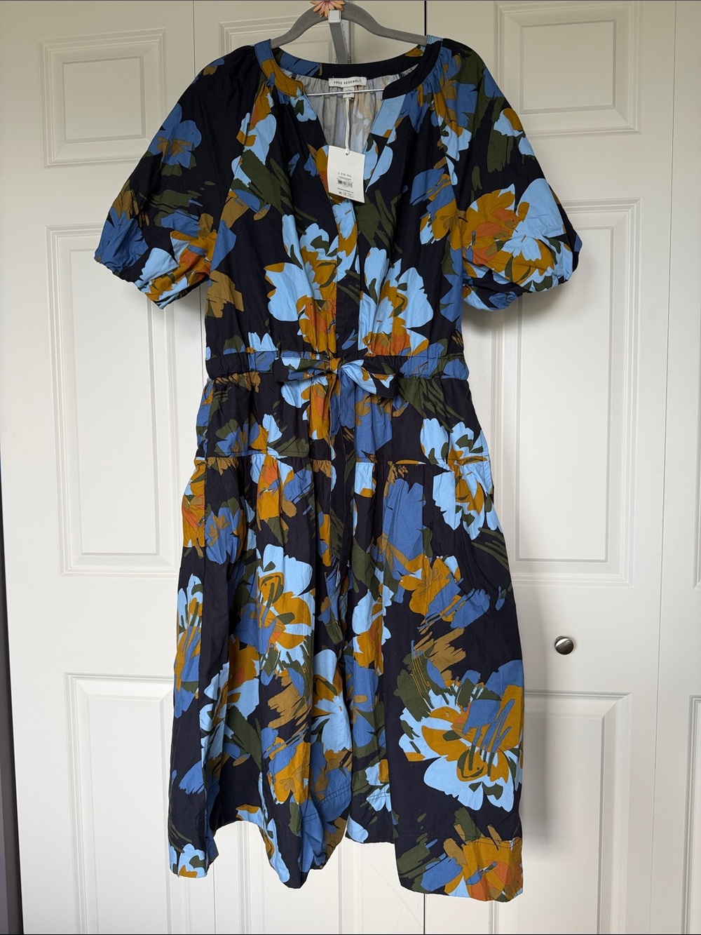 Women's Floral Tie-Waist Midi Dress - Navy with Blue & Mustard Flowers